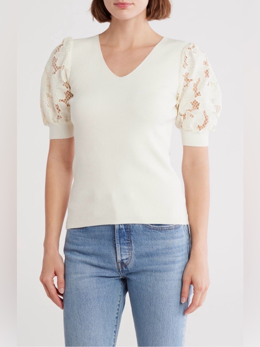 ELIE TAHARI Beige Ribbed Floral Lace Puff Sleeve Sweater Tee or Top Sz S
